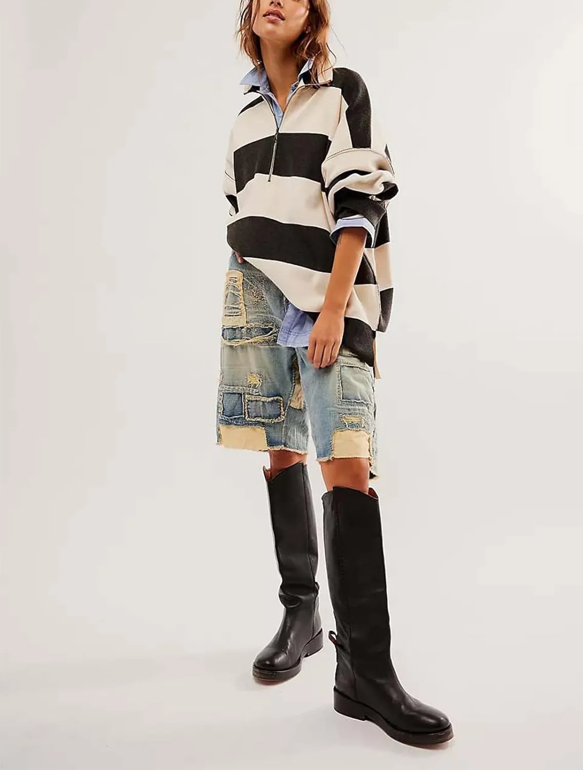 Yuemengxuan Women Y2k Striped Sweatshirts Quarter Zip Pullover Sweater Oversized Sweatshirt Hoodies Fall Fashion Outfits