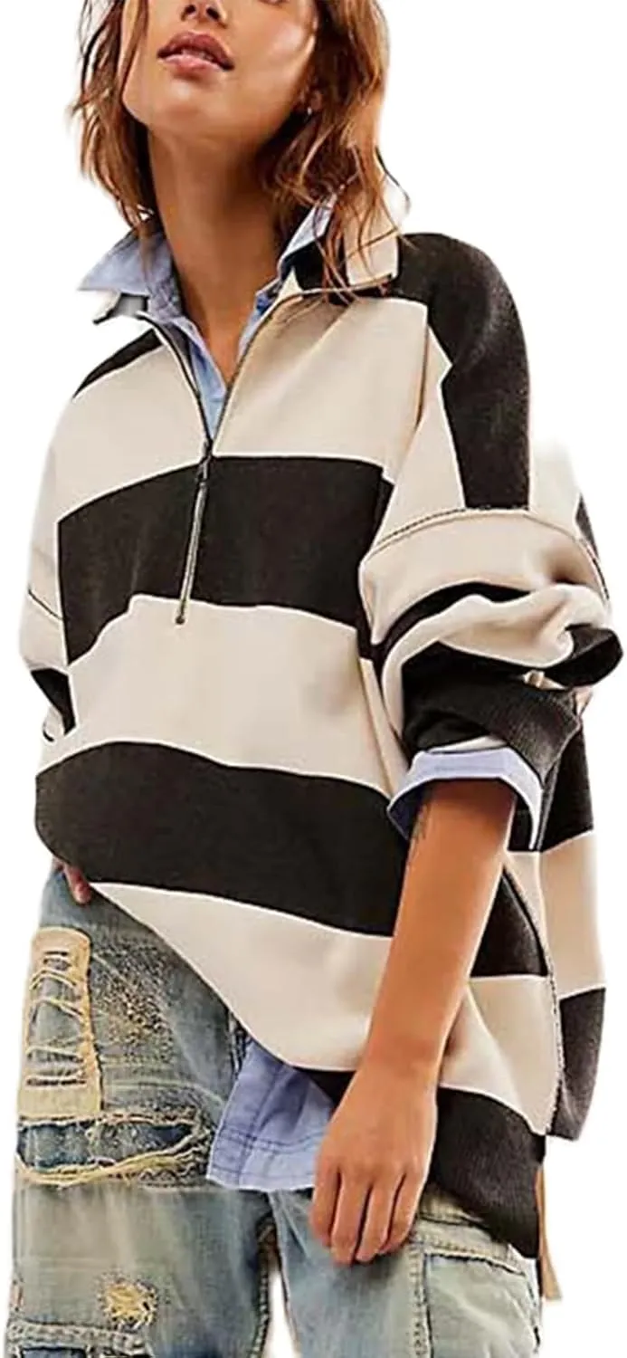 Yuemengxuan Women Y2k Striped Sweatshirts Quarter Zip Pullover Sweater Oversized Sweatshirt Hoodies Fall Fashion Outfits