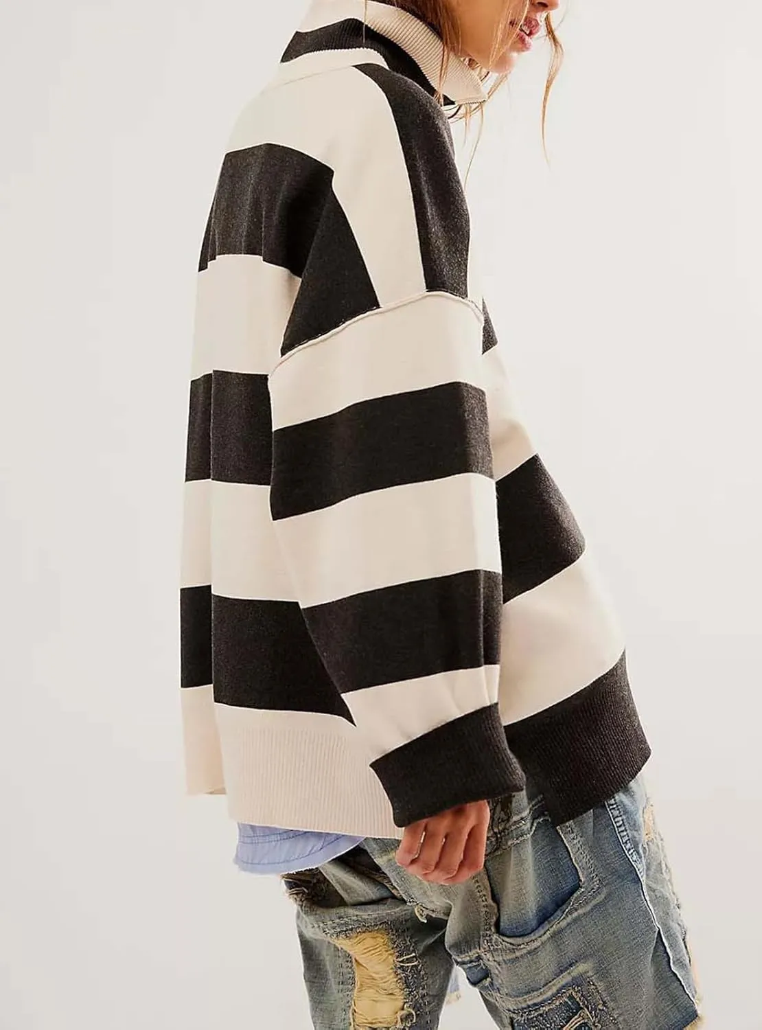 Yuemengxuan Women Y2k Striped Sweatshirts Quarter Zip Pullover Sweater Oversized Sweatshirt Hoodies Fall Fashion Outfits