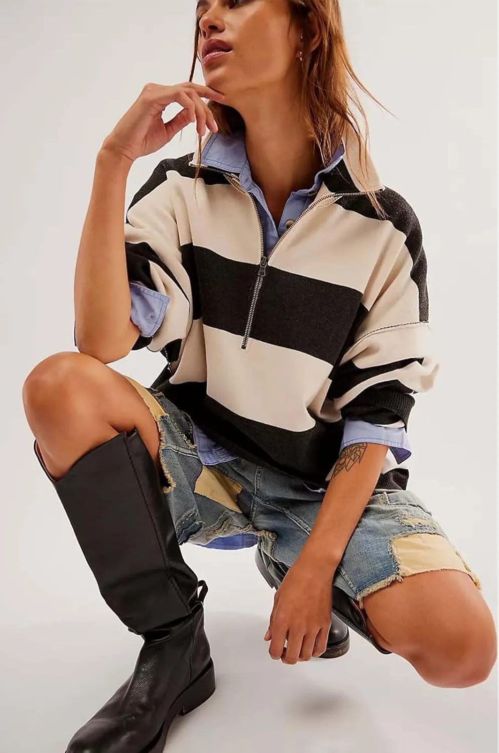 Yuemengxuan Women Y2k Striped Sweatshirts Quarter Zip Pullover Sweater Oversized Sweatshirt Hoodies Fall Fashion Outfits