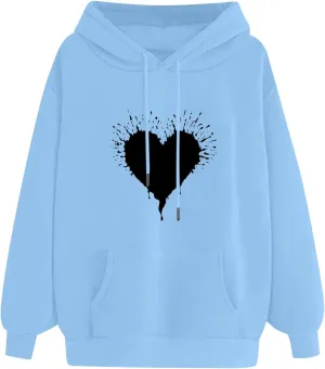 ZDRZK Hoodies For Women Cute Heart Print Drawstring Casual Hooded Sweatshirts Oversized Basic Fall Clothes With Pocket