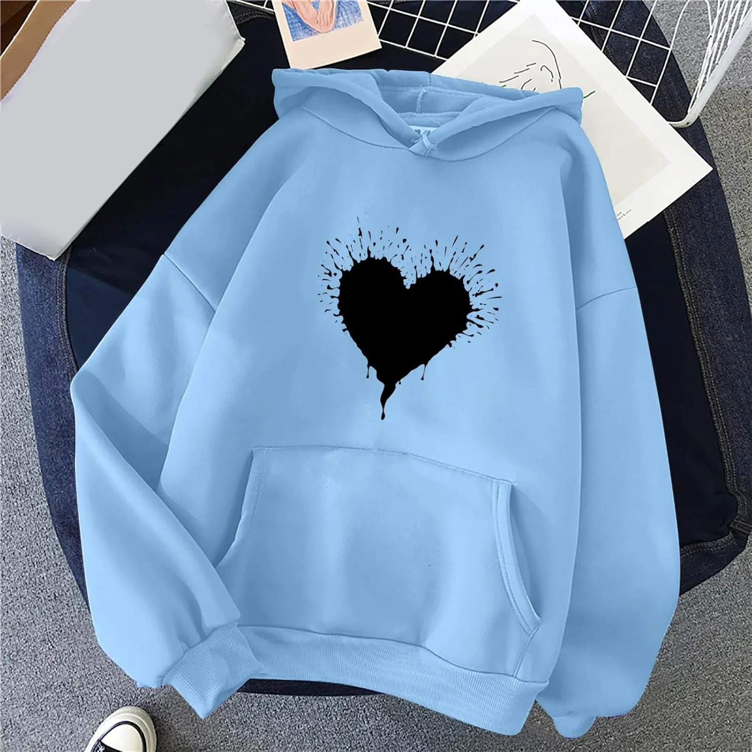 ZDRZK Hoodies For Women Cute Heart Print Drawstring Casual Hooded Sweatshirts Oversized Basic Fall Clothes With Pocket