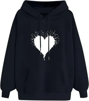 ZDRZK Hoodies For Women Cute Heart Print Drawstring Casual Hooded Sweatshirts Oversized Basic Fall Clothes With Pocket