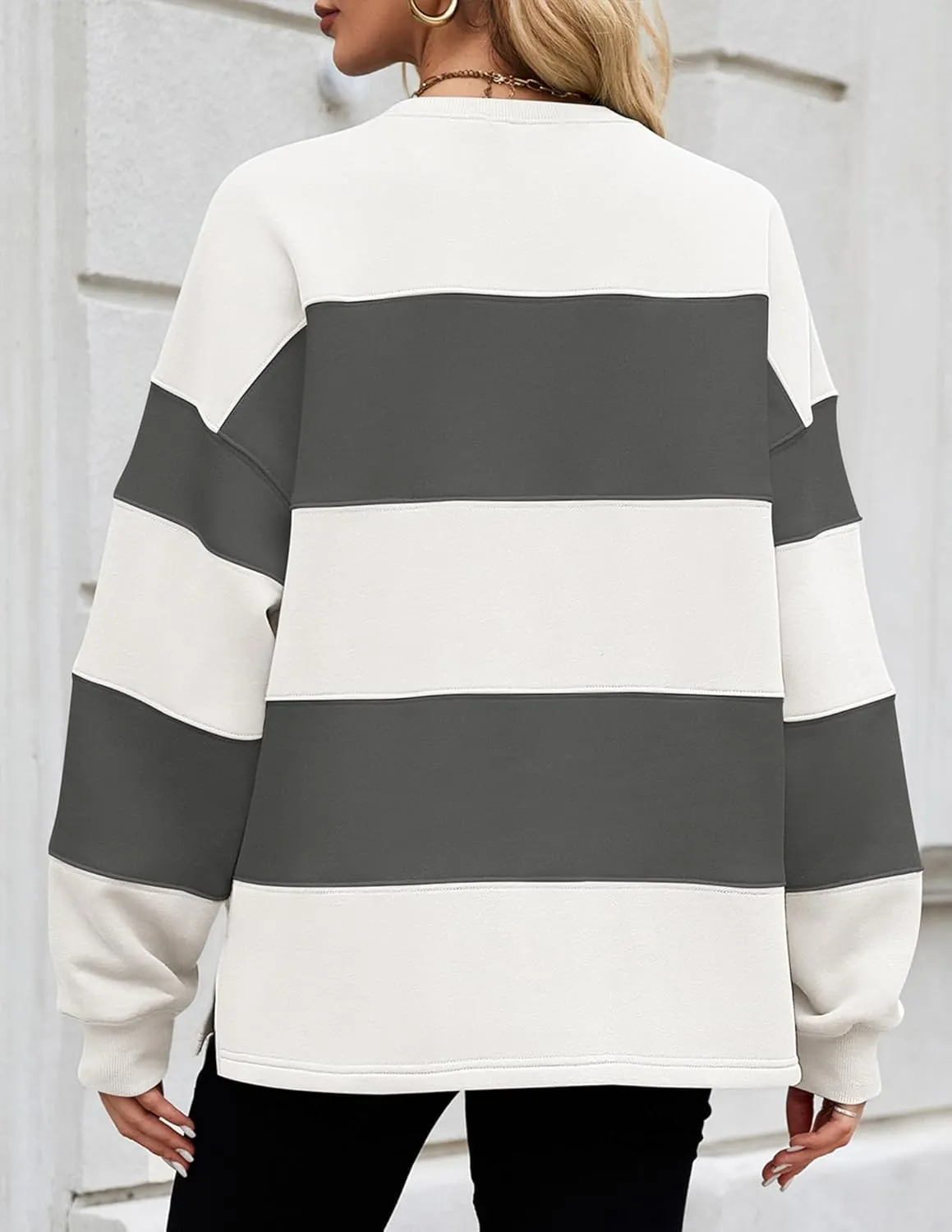 ZESICA Women's Fall Sweatshirt Tops Crewneck Long Sleeve Loose Oversized Striped Fleece Pullover 2025 Clothes