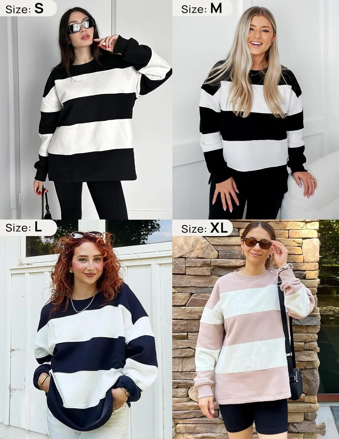 ZESICA Women's Fall Sweatshirt Tops Crewneck Long Sleeve Loose Oversized Striped Fleece Pullover 2025 Clothes