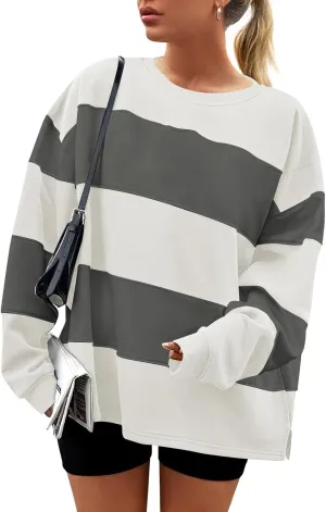 ZESICA Women's Fall Sweatshirt Tops Crewneck Long Sleeve Loose Oversized Striped Fleece Pullover 2025 Clothes