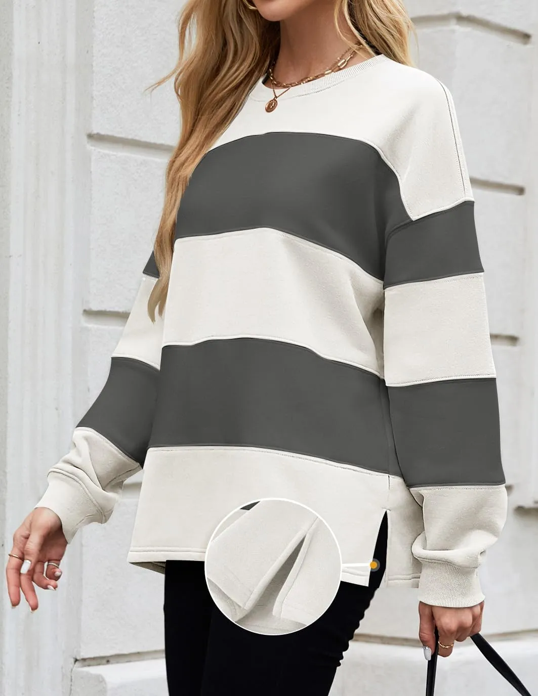 ZESICA Women's Fall Sweatshirt Tops Crewneck Long Sleeve Loose Oversized Striped Fleece Pullover 2025 Clothes