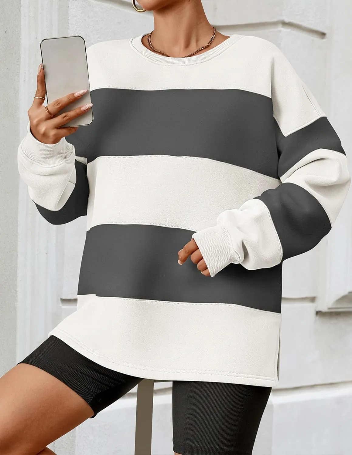 ZESICA Women's Fall Sweatshirt Tops Crewneck Long Sleeve Loose Oversized Striped Fleece Pullover 2025 Clothes